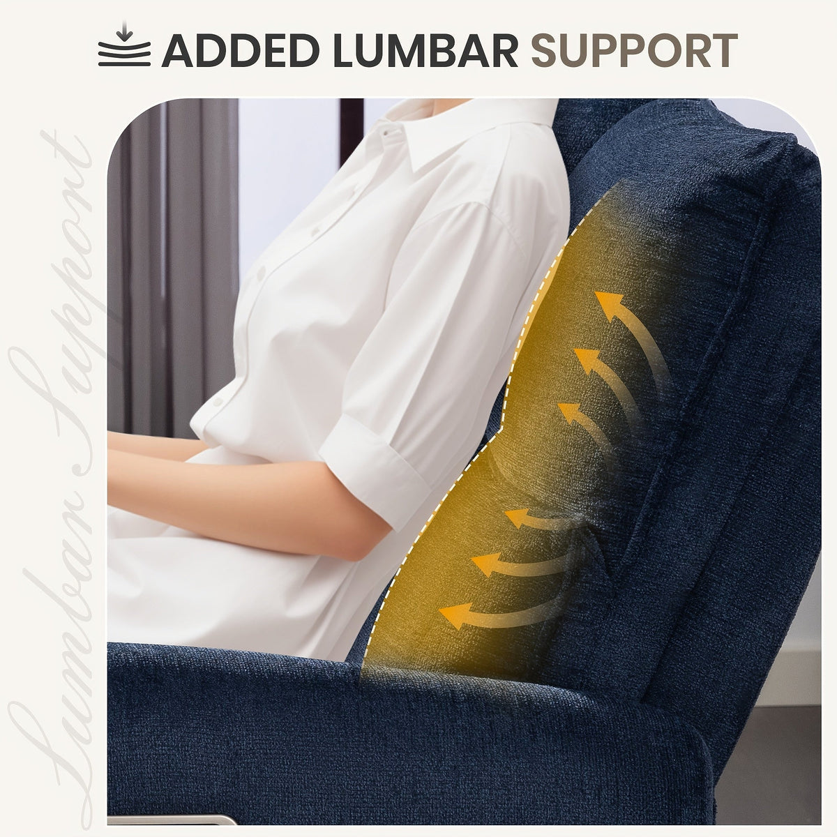 Close-up illustration of the blue loveseat's cushioned lumbar support behind a seated person.