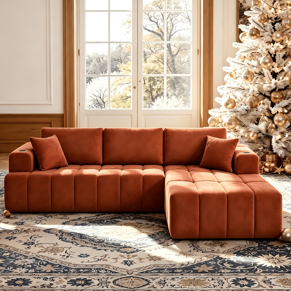 Chenille Modular Sectional with Cup Holders — orange L-shaped right-chaise layout