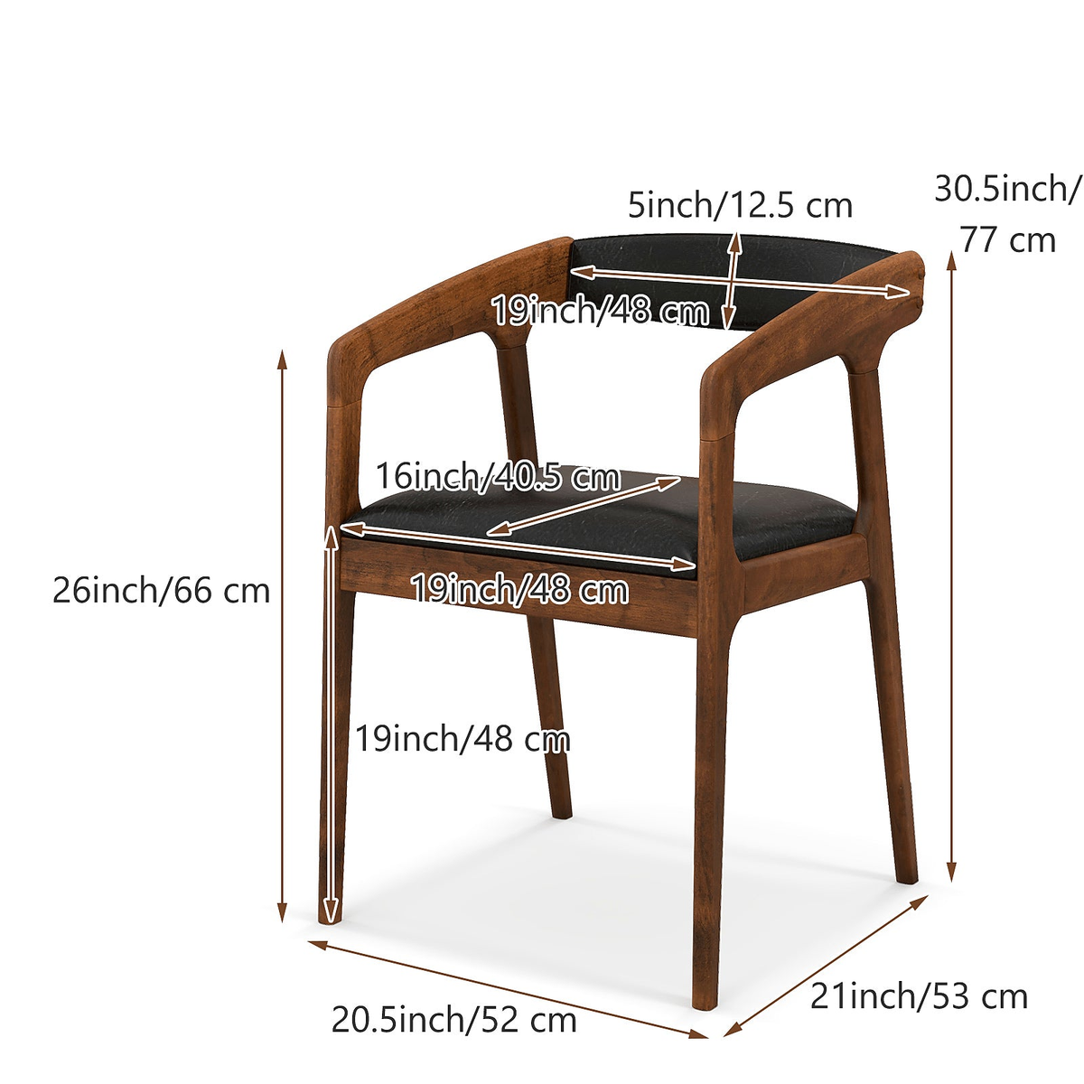 Black faux leather dining armchair with a warm wood frame — dimension diagram