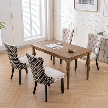Beige velvet dining chair with a patterned back and dark wood legs