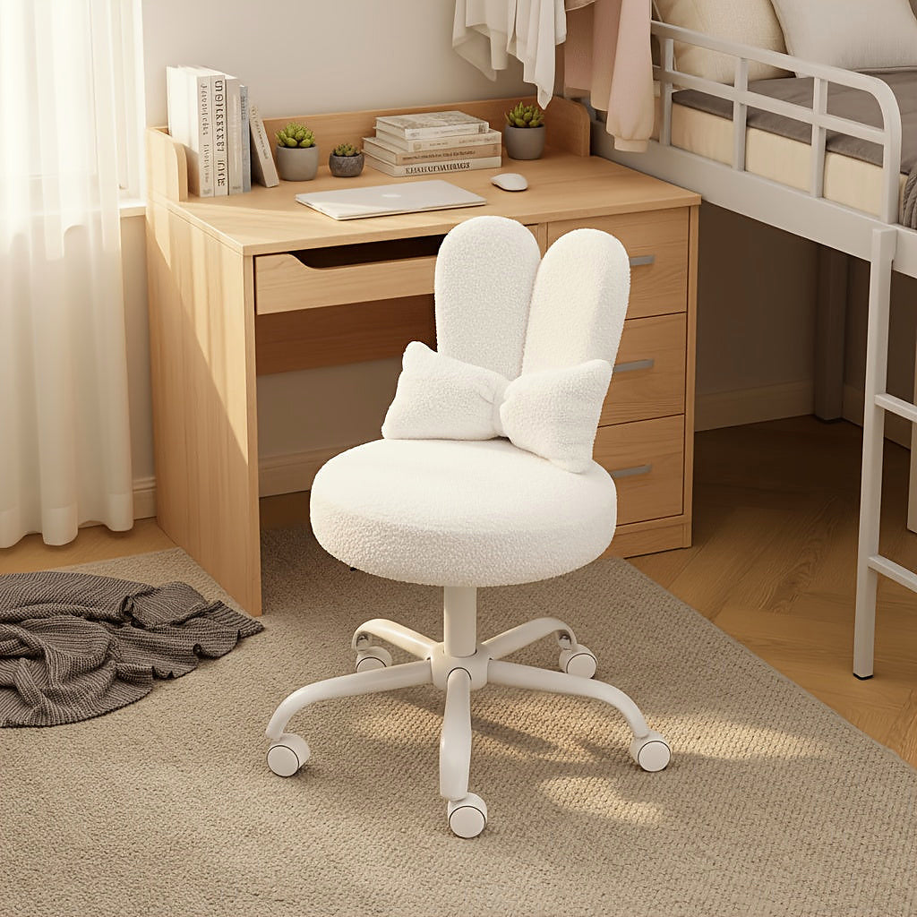 White bunny ear vanity chair with a bow cushion and white rolling base