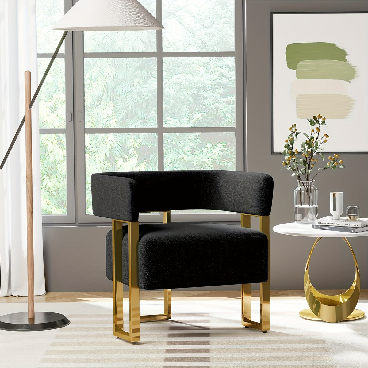 Cutout-Back Accent Chair with Gold-Tone Base — front three-quarter view of the black chair
