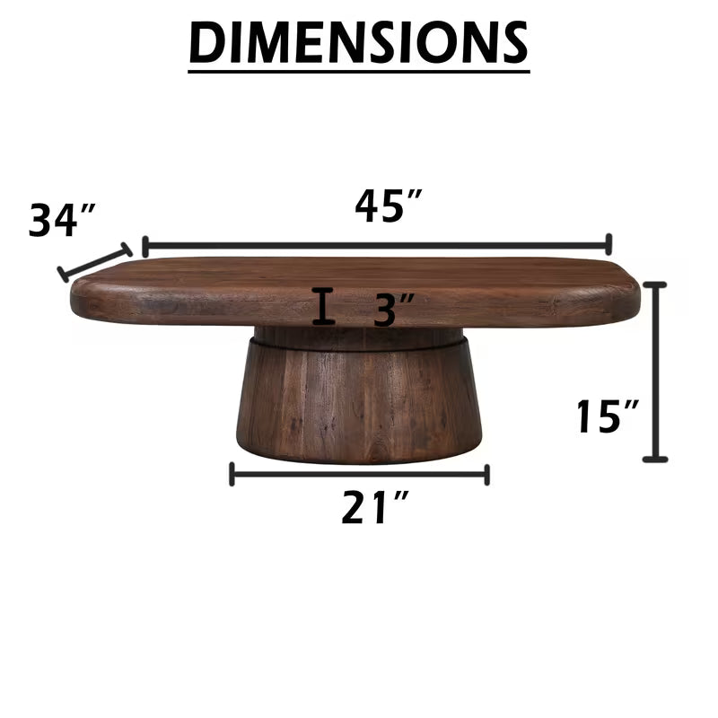 Dimension diagram of the brown pedestal coffee table