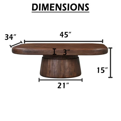 Dimension diagram of the brown pedestal coffee table