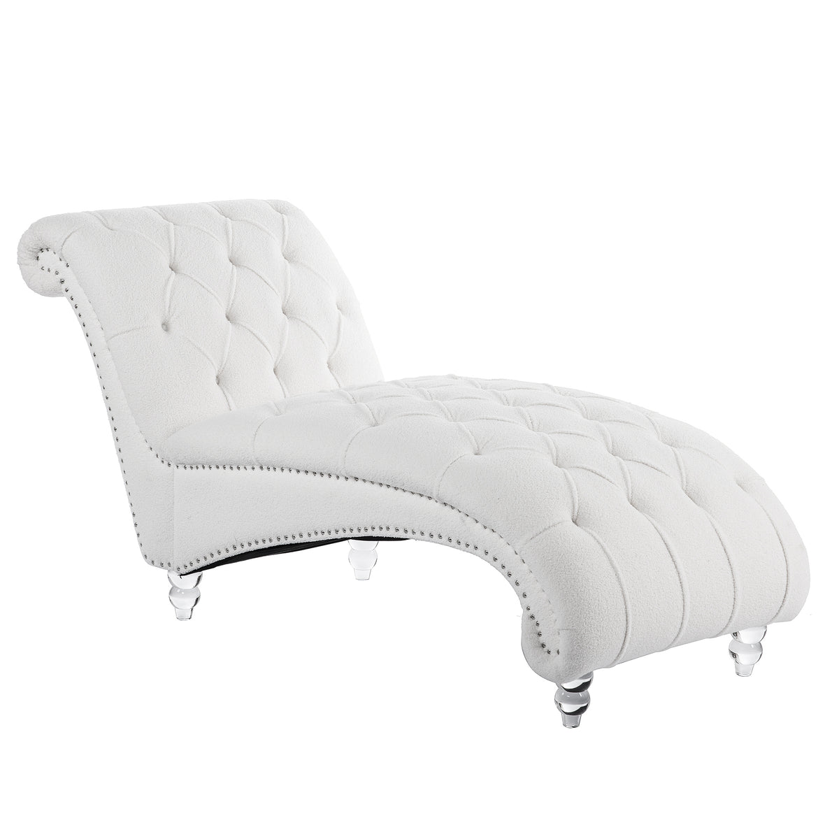 Tufted Chaise Lounge with Clear Legs — opposite three-quarter product view.