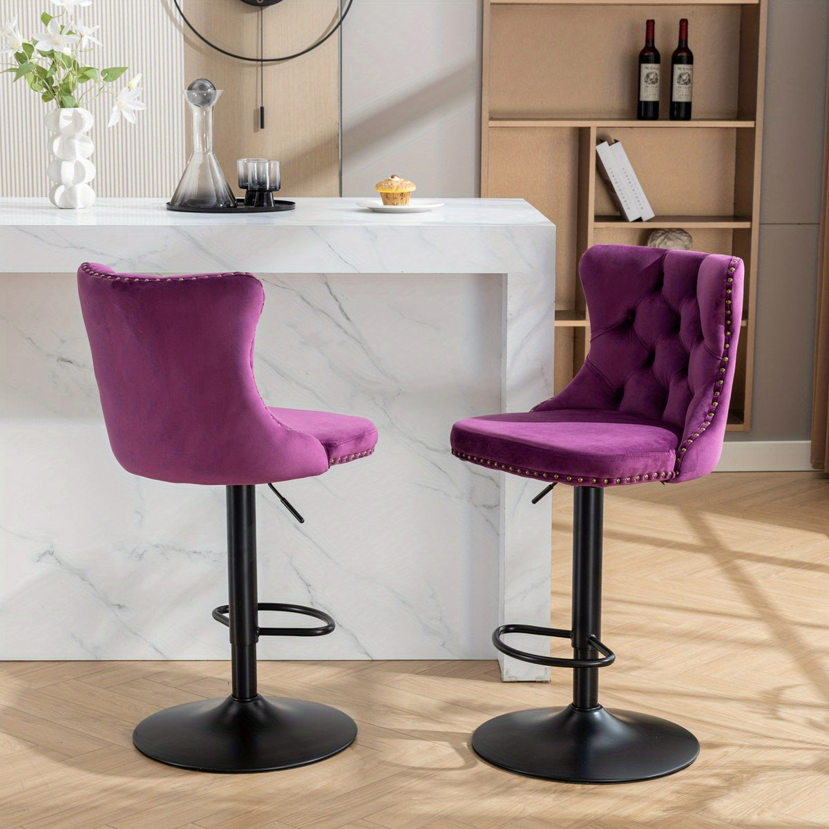 Purple swivel stools shown from the front and rear