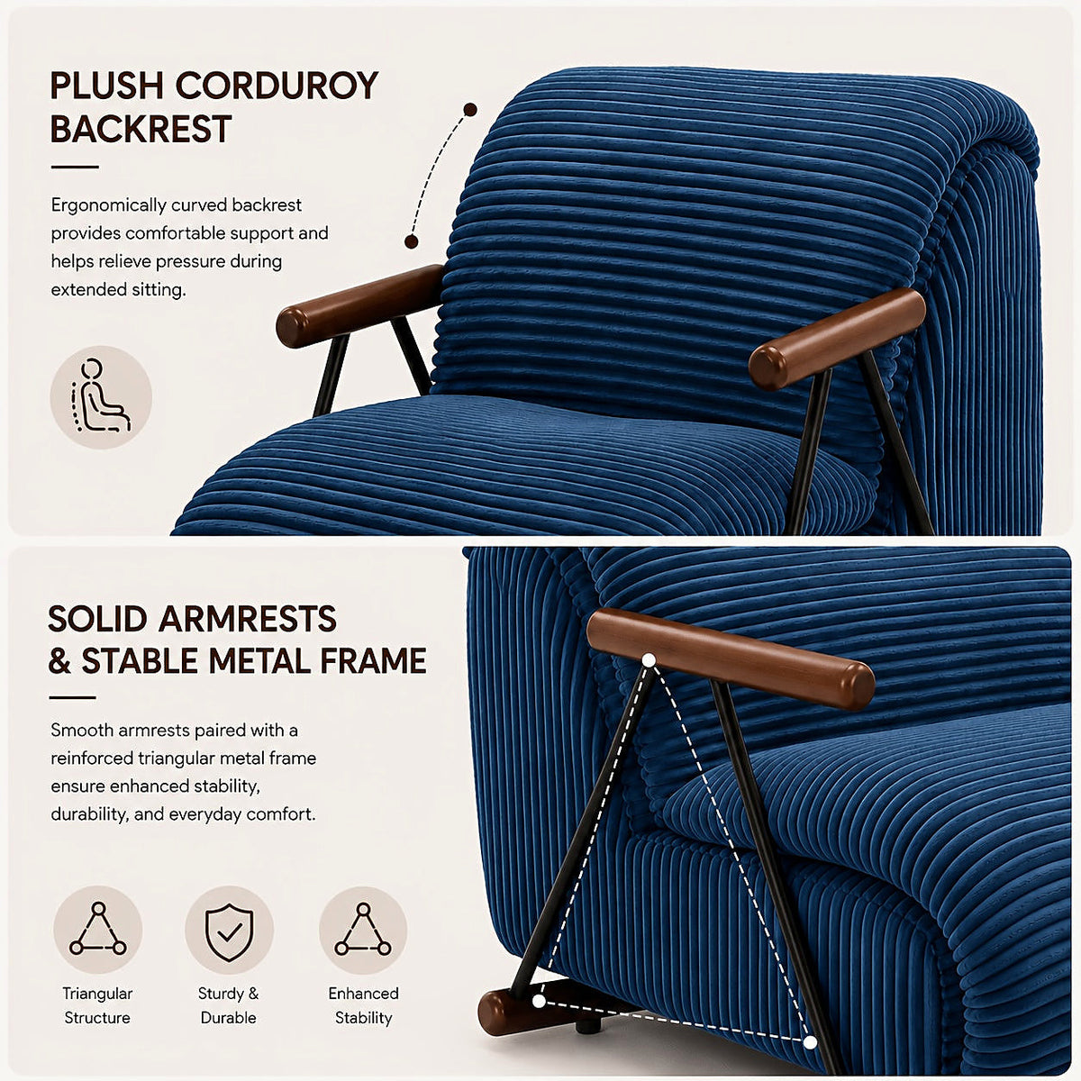 Navy wide corduroy lounge chair with wood arms and a black metal frame