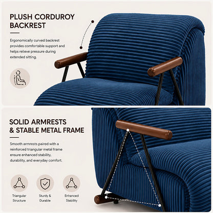 Navy wide corduroy lounge chair with wood arms and a black metal frame