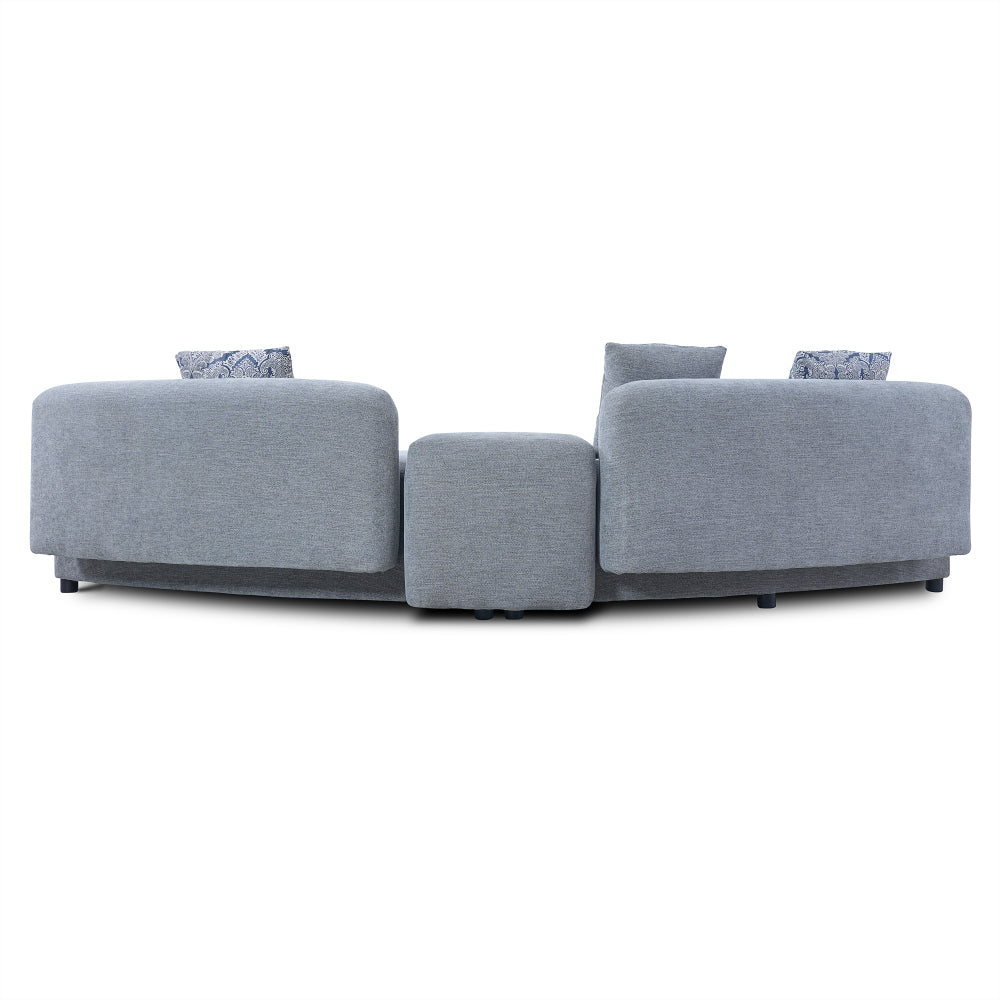 Blue-Grey Curved Sofa with Damask Pillows — rear view of connector and modules.