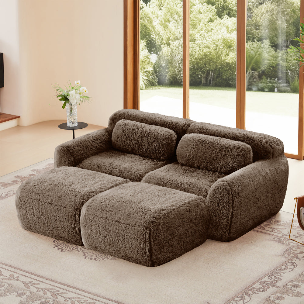 80-Inch Plush Deep-Seat Sofa with Footrests — chocolate sofa and footrest sections in a room