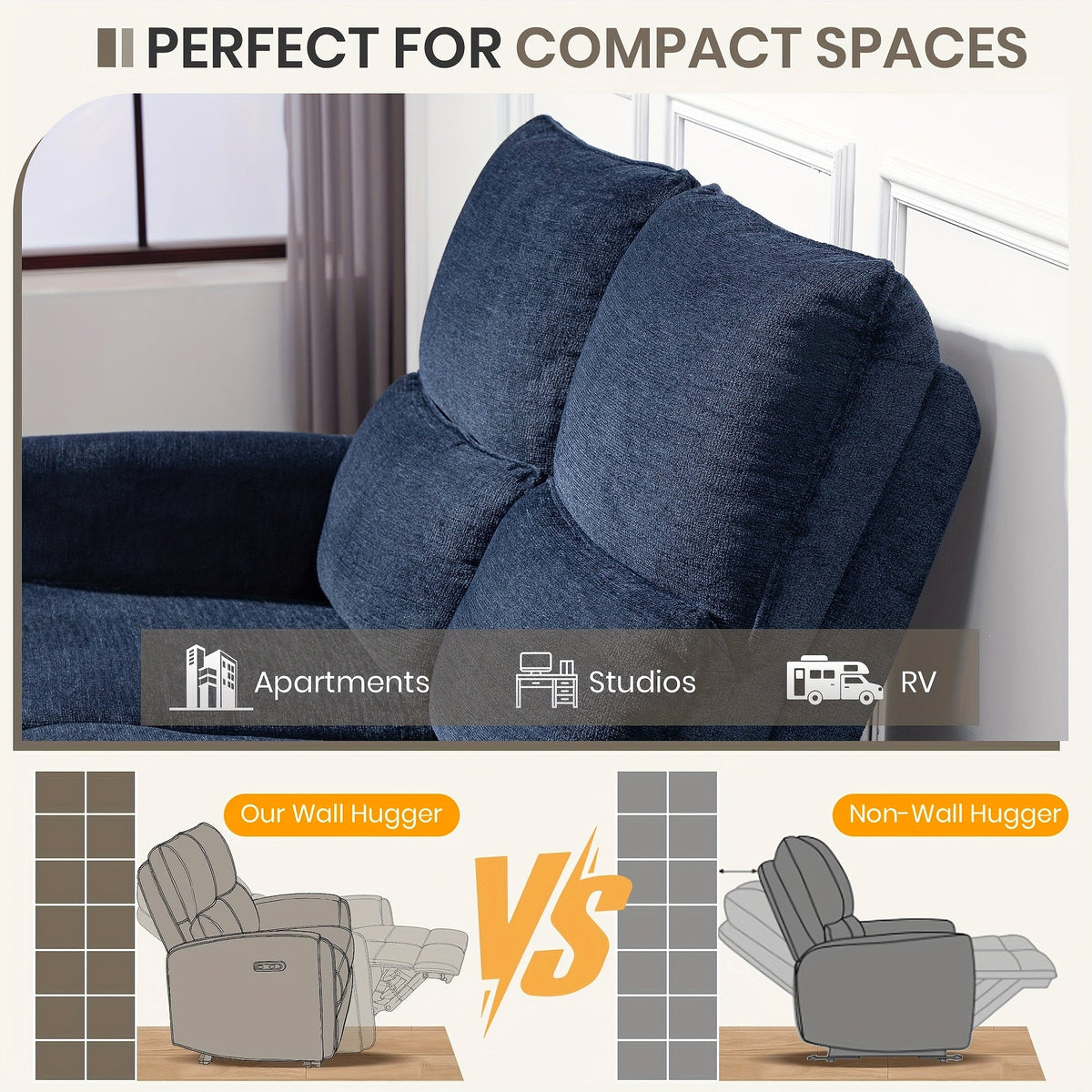 Blue wall-hugger loveseat feature graphic comparing its compact reclining design with a conventional recliner.