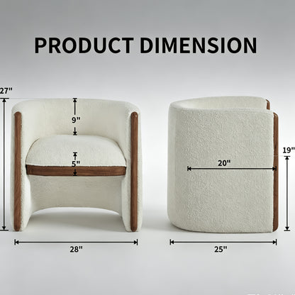 Textured Barrel Chair with Wood Trim — overall, seat and back dimensions diagram