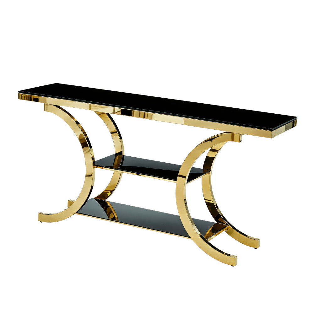 Angled product view of the three-tier black and gold console