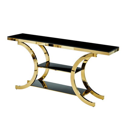 Angled product view of the three-tier black and gold console
