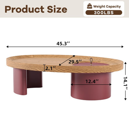 Dimension graphic showing the oval coffee table at 45.3 by 29.5 by 14.1 inches