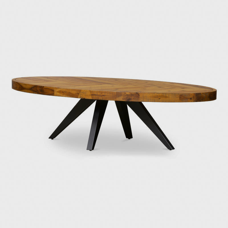 Angled view of the oval wood-patterned coffee table on white