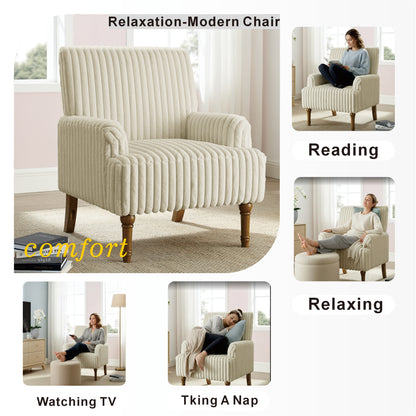 Wide-Wale Corduroy Accent Chair with Wood Legs — beige chair shown in use