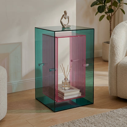 Teal and pink acrylic display side cabinet with a ribbed inner frame