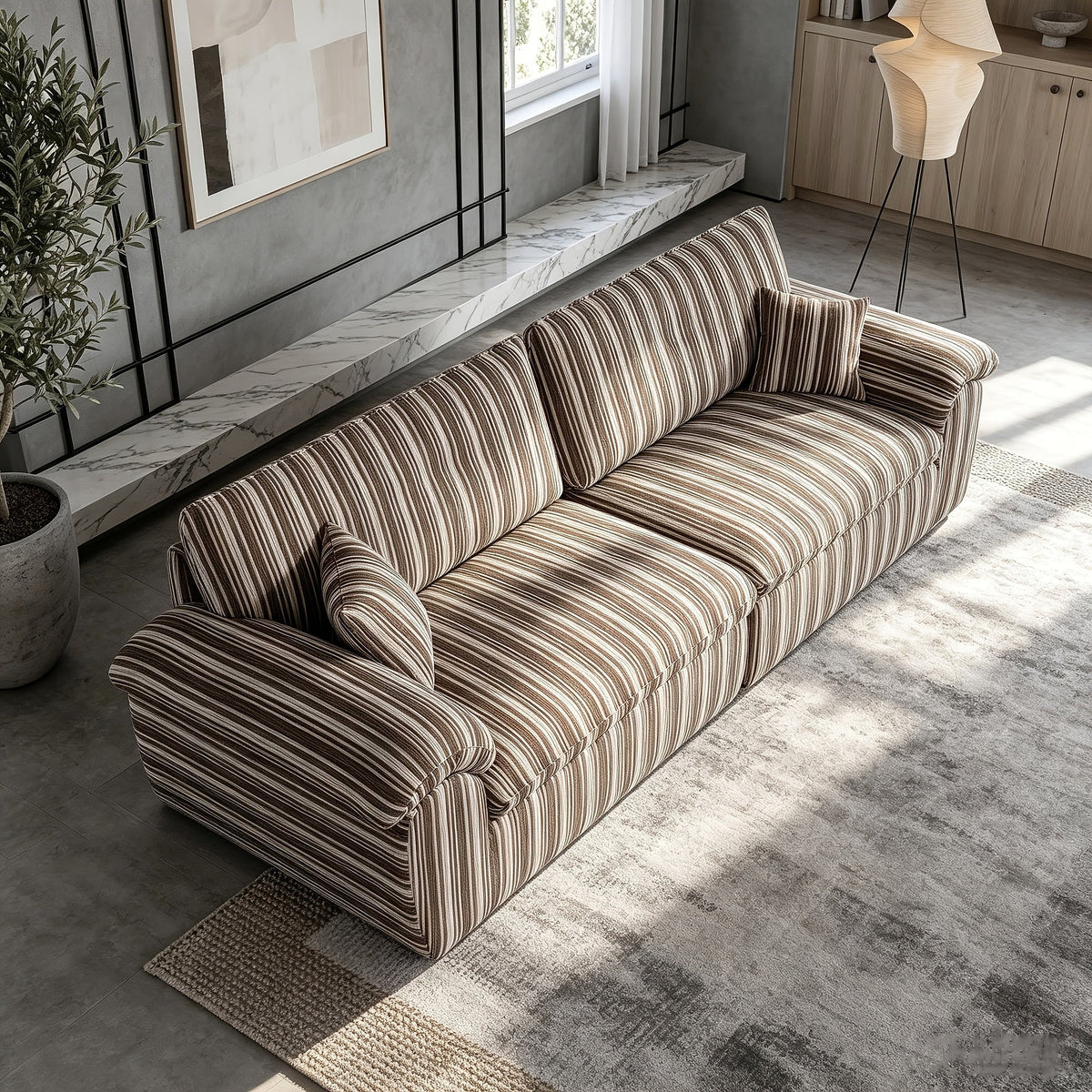 Wren Green Striped Deep-Seat Cloud Sofa — brown colorway reference in a room setting; available option is green