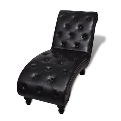 Front angled view of the dark leather-look chaise with a tufted extended seat and raised back.