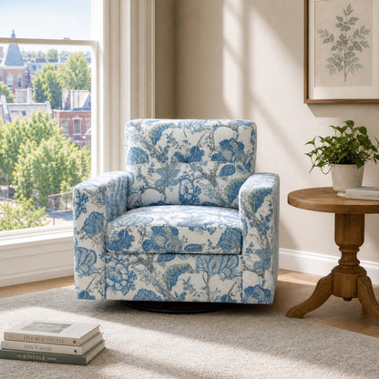 Blue Botanical Swivel Accent Chair — angled chair view in a living room.