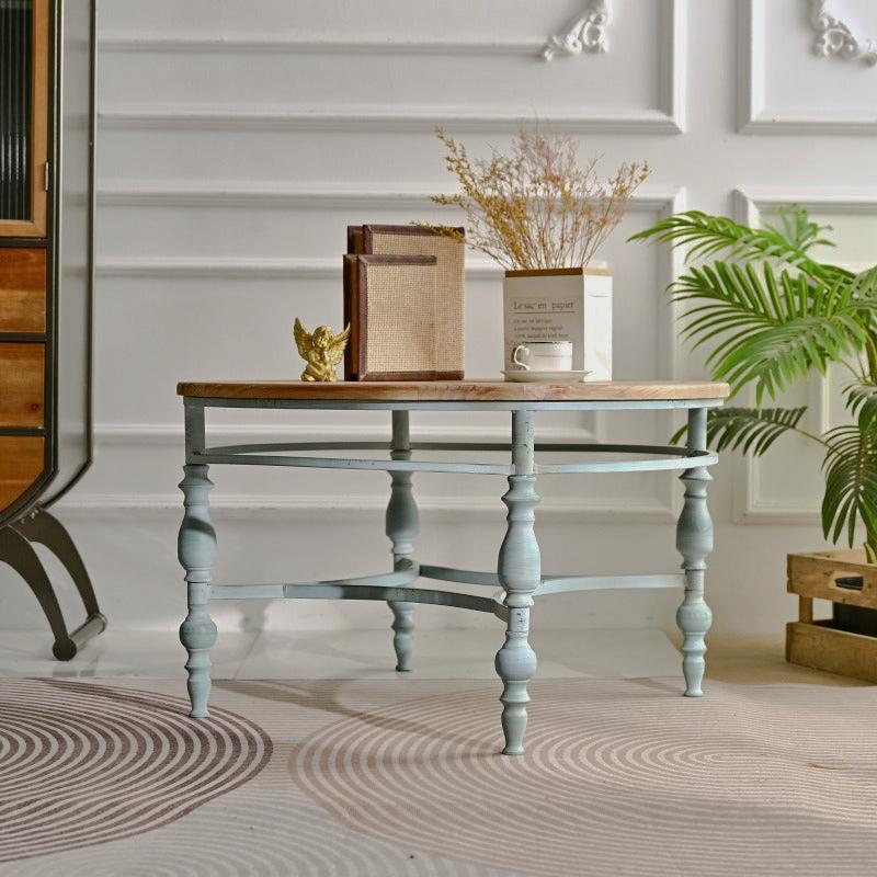 Rustic Round Coffee Table with Turned-Leg Frame