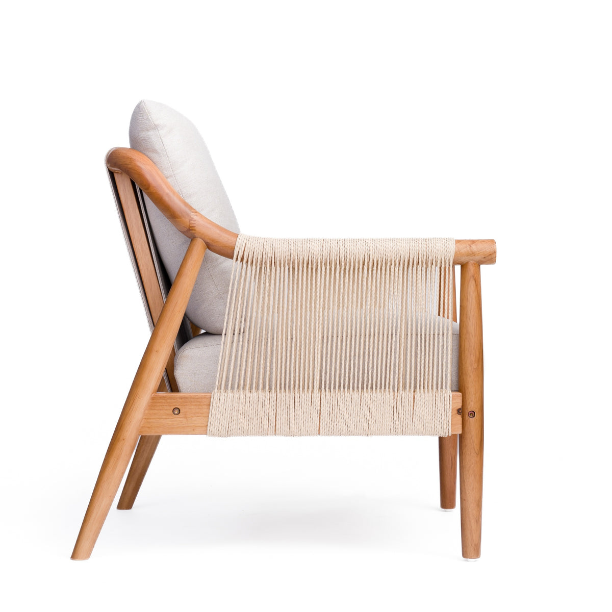Wood-Frame Accent Chair with Woven Paper-Rope Arms — side view of the open wood frame