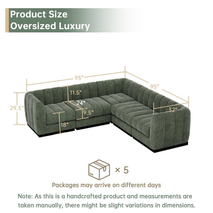 Dimension diagram of the green L-shaped sectional, labeled 95 inches on each side and 29.5 inches high.