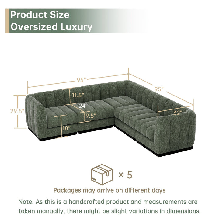 Dimension diagram of the green L-shaped sectional, labeled 95 inches on each side and 29.5 inches high.