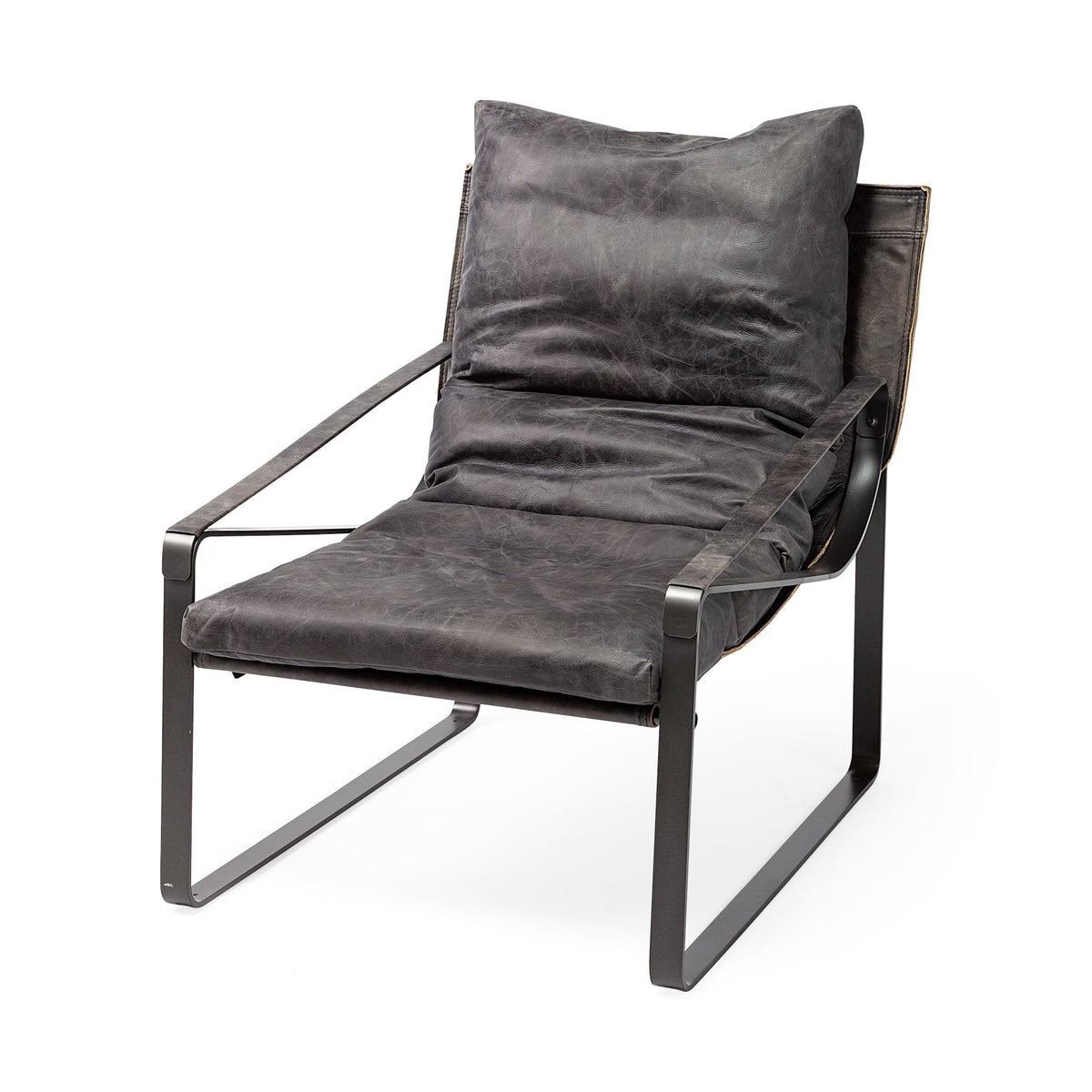 Black leather accent chair with a black metal sled frame, front three-quarter view.