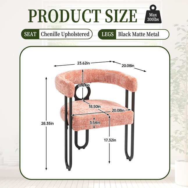 Dining chair diagram showing dimensions, black matte metal legs, chenille upholstery and 300 lb capacity