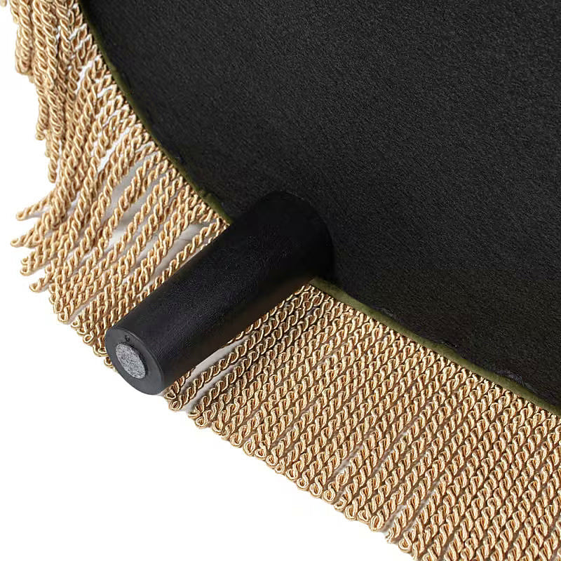 Bullion-style fringe and gold-tone piping on the olive bench
