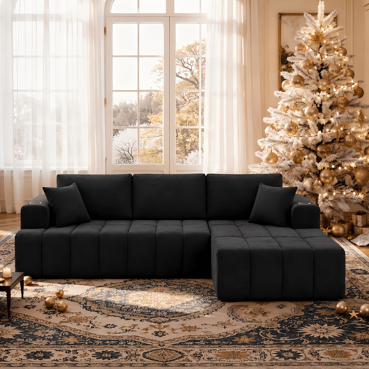Chenille Modular Sectional with Cup Holders — black L-shaped right-chaise layout