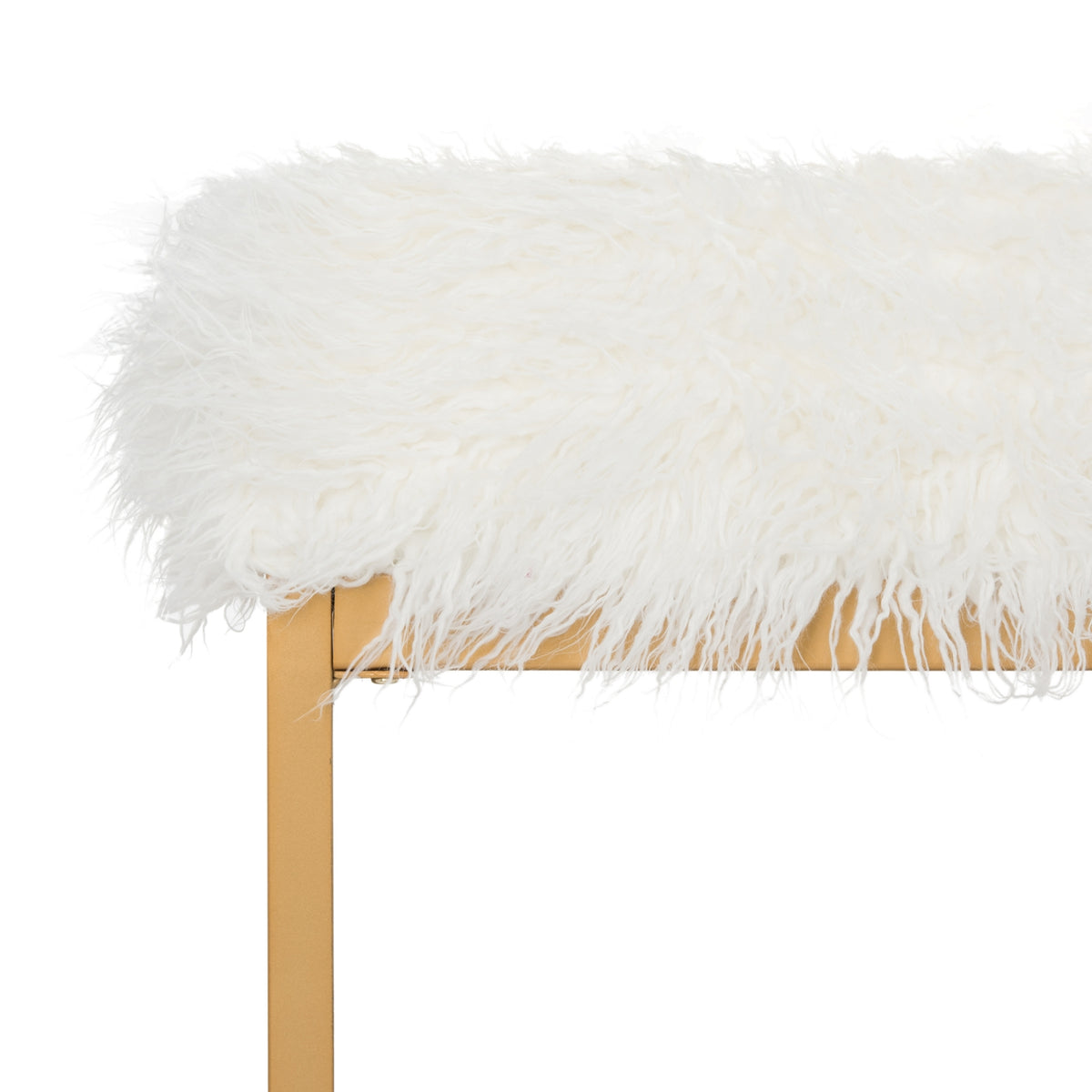 Mera Ivory Faux-Lamb Bench with Gold-Tone Base — close-up of the shag upholstery and gold leg