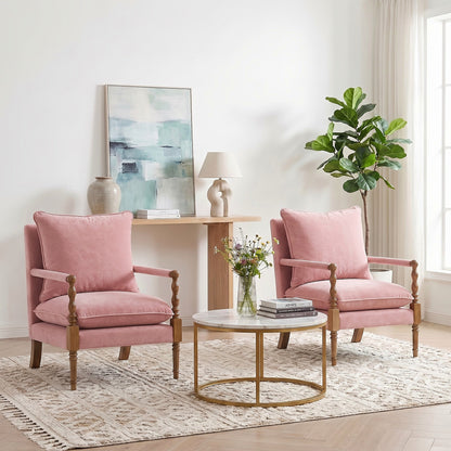 Pink upholstered accent chair with turned wood front posts