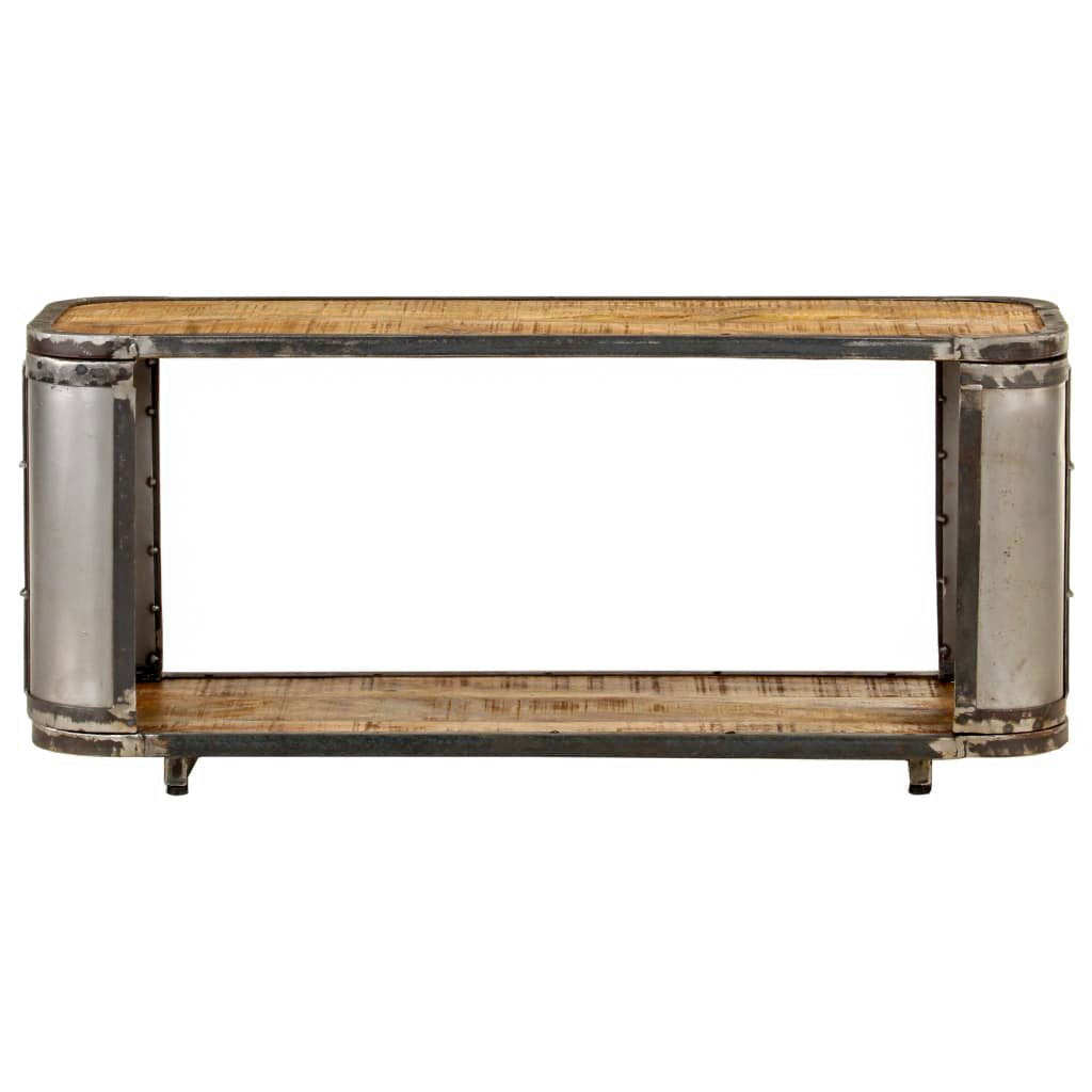 Front view of the shorter industrial TV stand with a wood top, lower shelf, and metal end panels.
