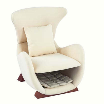 Beige sculptural upholstered accent chair with a curved wood frame and lower storage nook