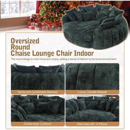 Oversized Round Chenille Lounge Sofa — emerald chenille and pillow detail panel.
