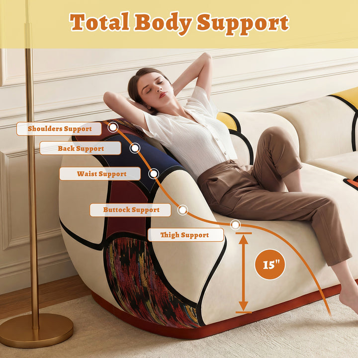 Support graphic showing a person reclining on the curved sofa, with seat and back support labels.