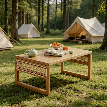 Natural-color low table in a campsite setting