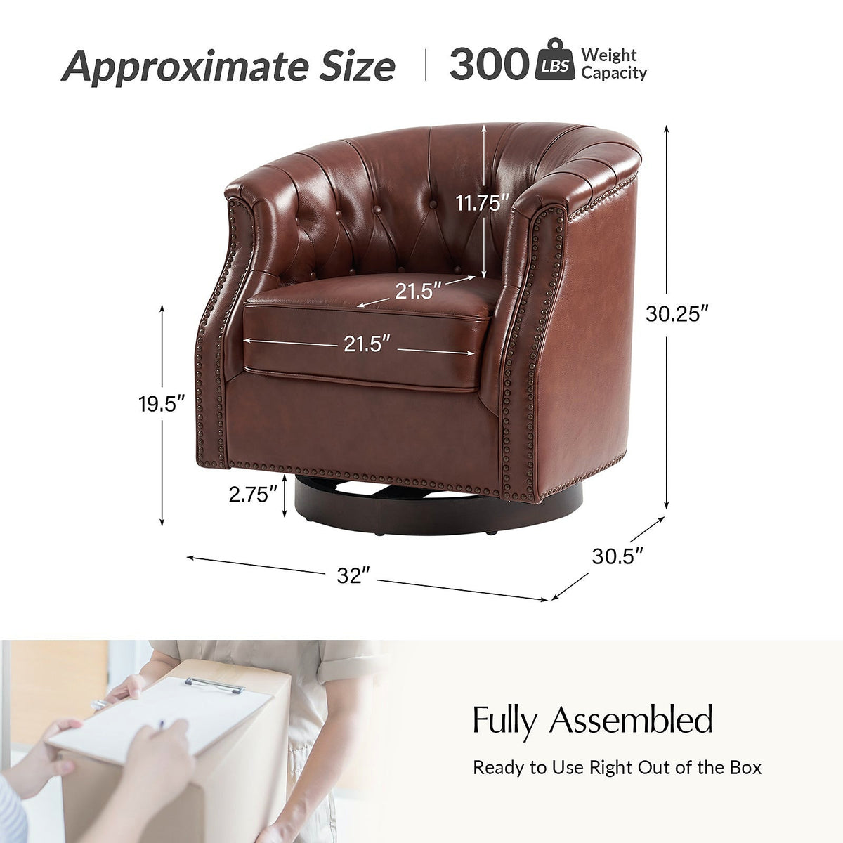 Brown genuine leather Chesterfield swivel rocking armchair with rolled arms