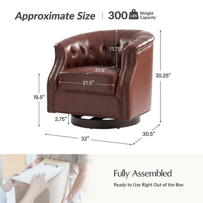Brown genuine leather Chesterfield swivel rocking armchair with rolled arms