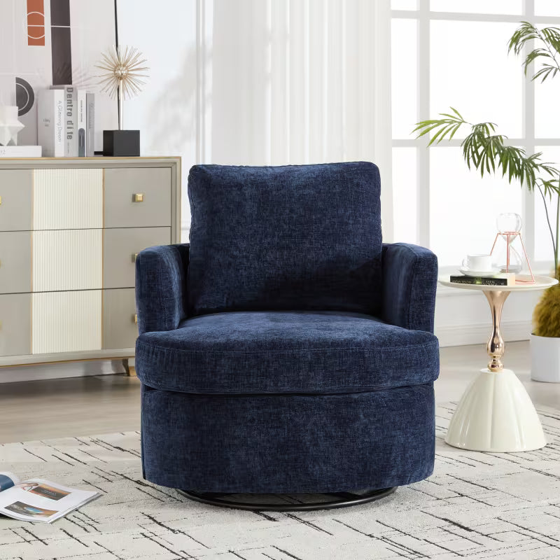 Front view of the navy barrel chair with padded arms and back cushion