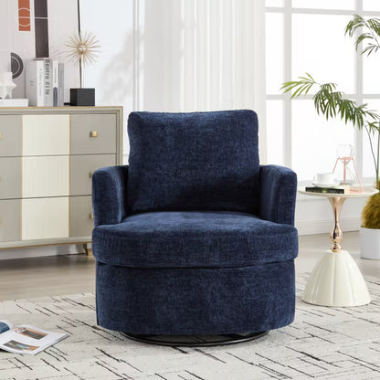 Front view of the navy barrel chair with padded arms and back cushion