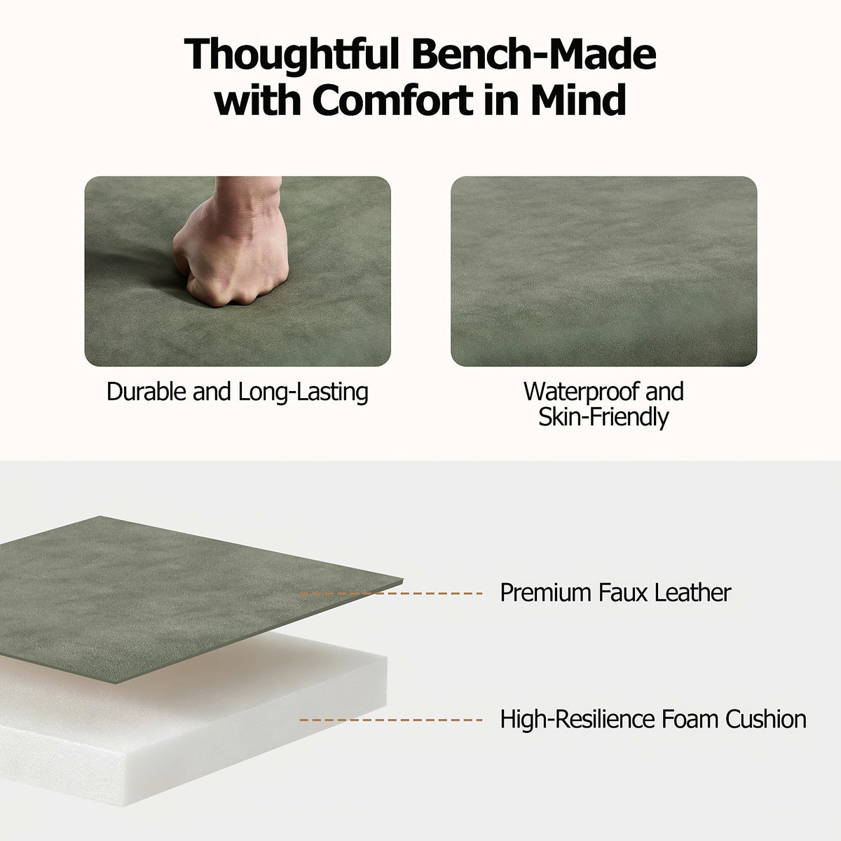 Green rolled arm upholstered shoe bench with a black metal rack and silver tone nailheads — upholstery detail