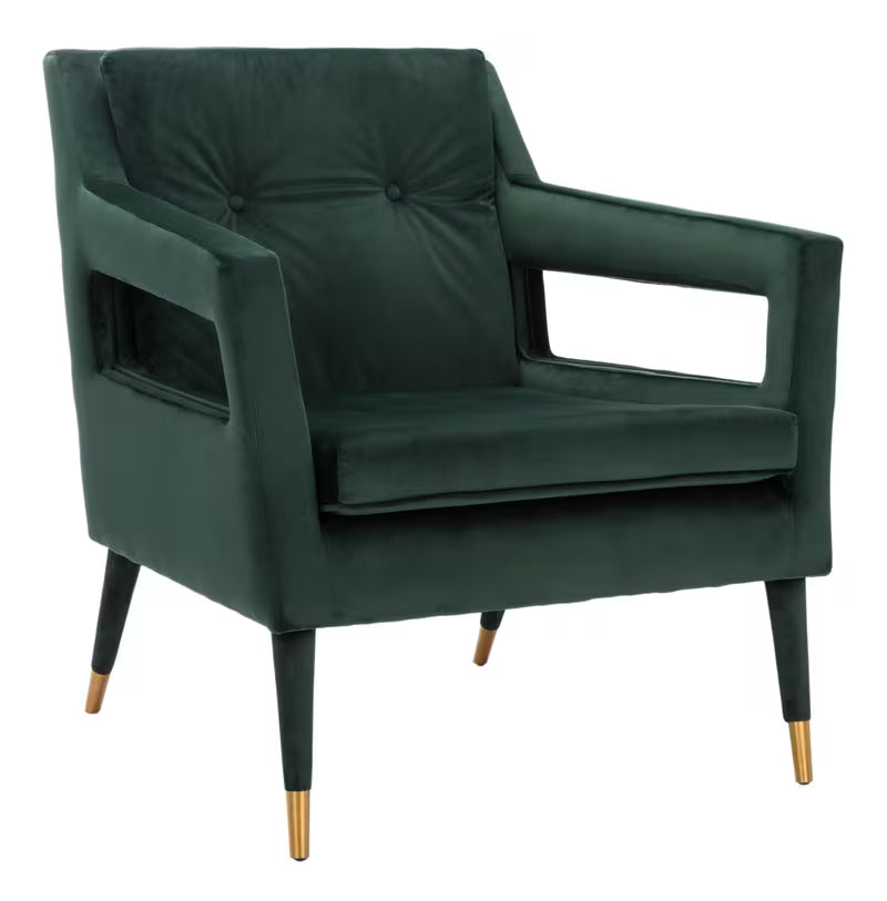 Mara Tufted Accent Chair with Gold-Tone Leg Caps — three-quarter view of the forest green chair