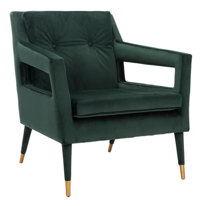 Mara Tufted Accent Chair with Gold-Tone Leg Caps — three-quarter view of the forest green chair