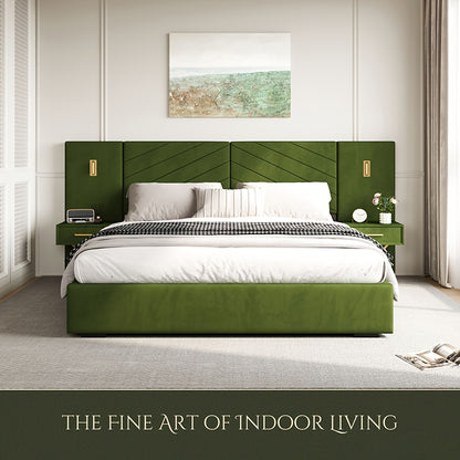 Green upholstered bed frame with a wide geometric headboard, gold-tone lights and built-in nightstands