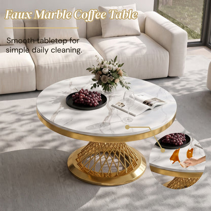 Faux Marble Coffee Table Set, Modern Coffee Table Side Table with Hourglass‑Shaped Metal Base, Luxury Center Table for Living Room Office