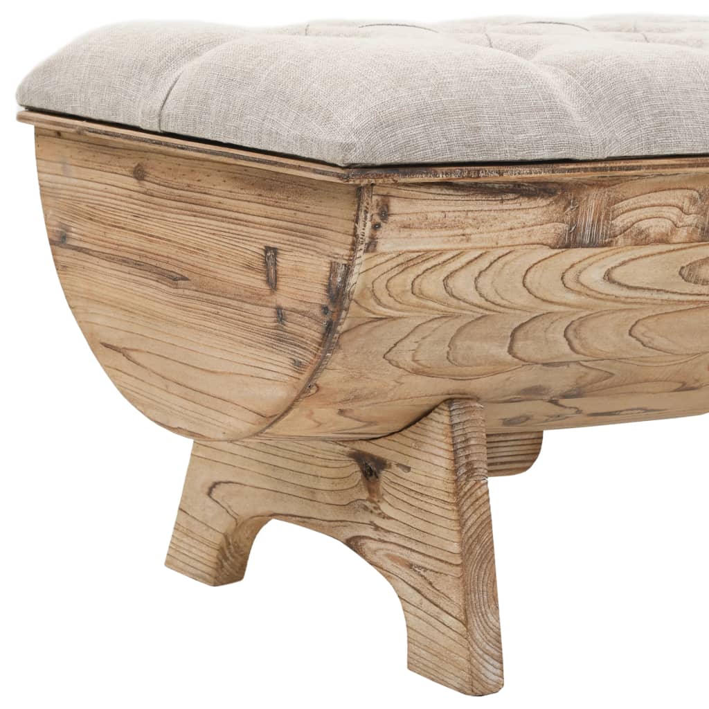 Close-up of the bench's curved wood end, grain, beige upholstery, and shaped leg.